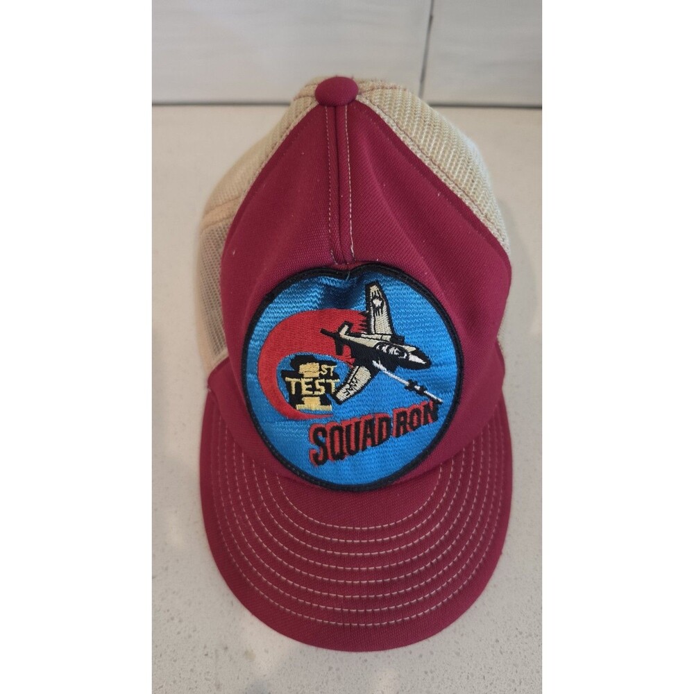 Vintage Override Japan 1st Test Squadron Trucker Hat Mesh Cap Maroon Red Stained